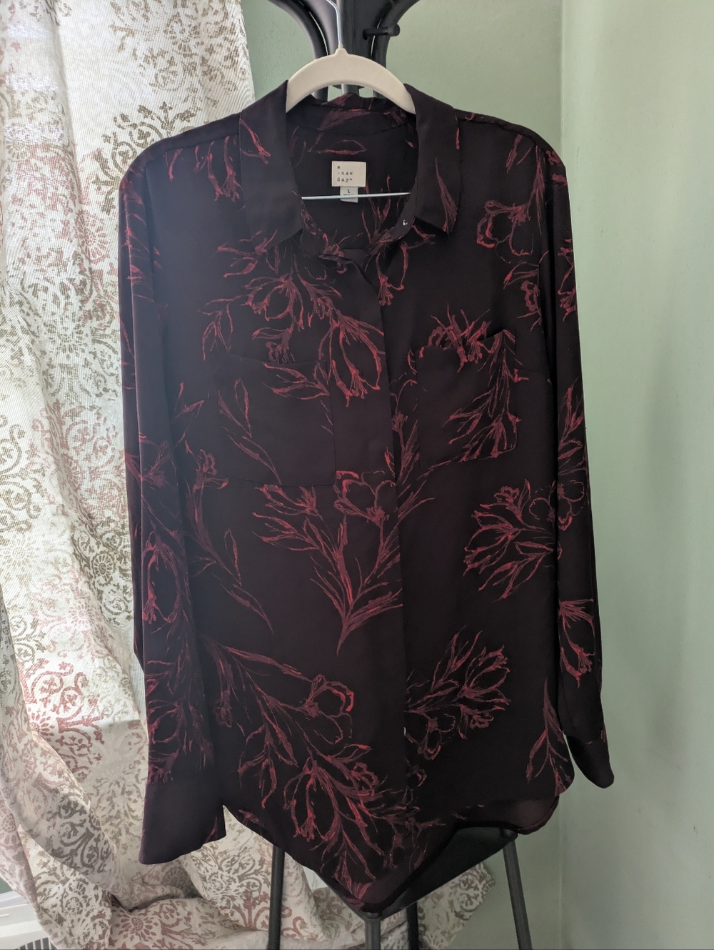 Silky "a new day"  Black Button-Up Shirt with Dark Red Floral Print